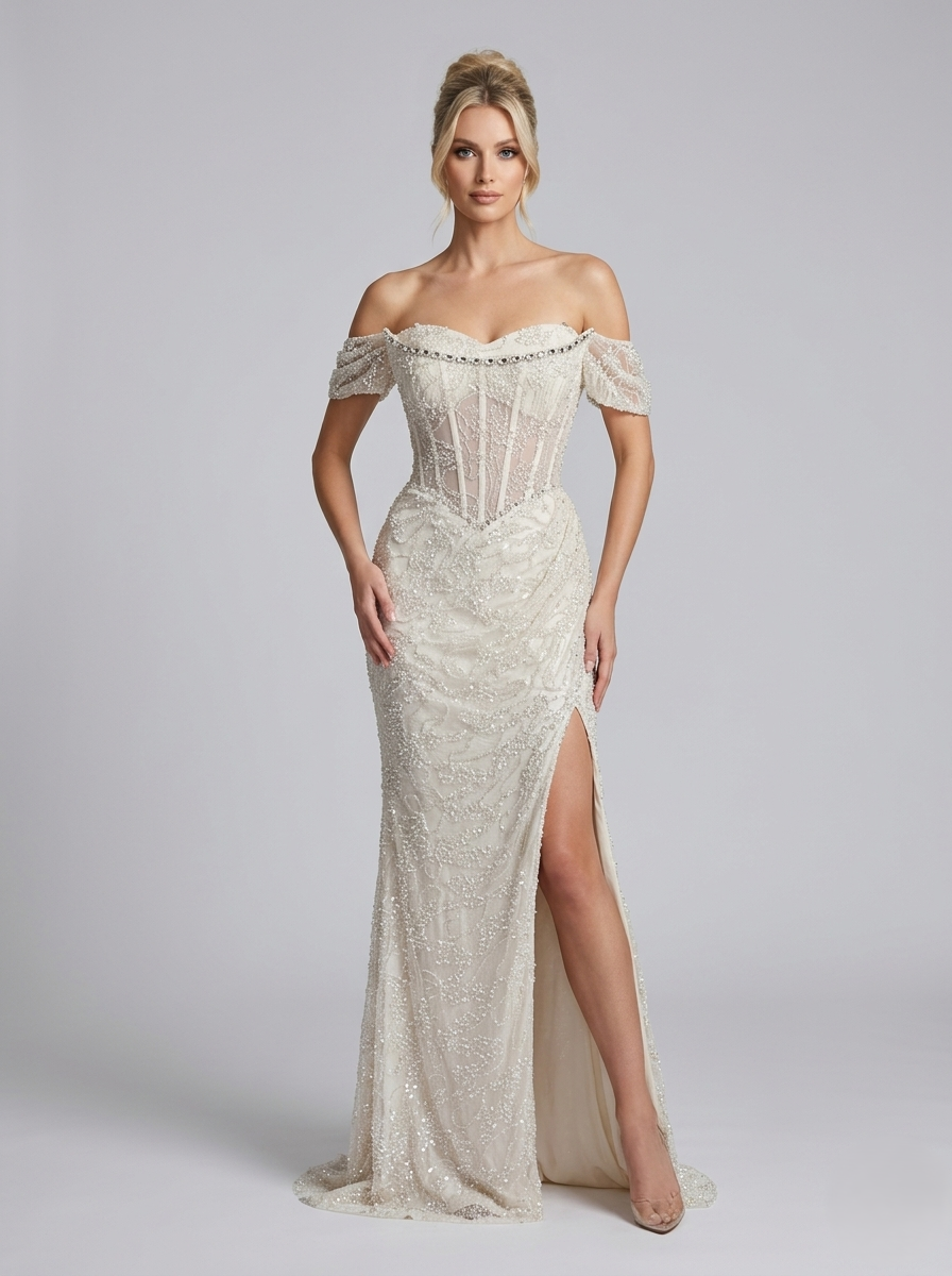 Elegantes schulterfreies Abendkleid mit Pailletten und hohem Beinschlitz in Schokobraun Beschreibung:e398