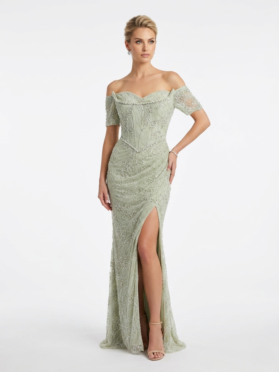 Elegantes schulterfreies Abendkleid mit Pailletten und hohem Beinschlitz in Schokobraun Beschreibung:e398