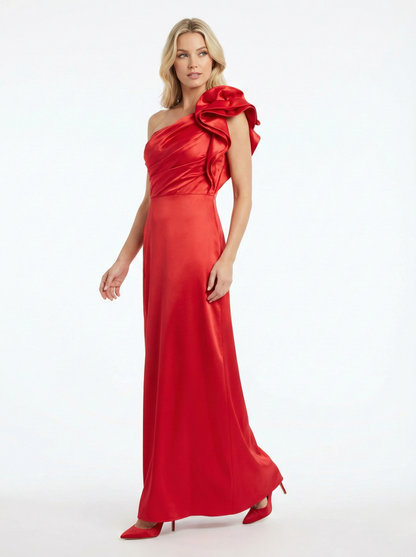 Satin-Abendkleid mit One-Shoulder-Design und Volantdetail – Marineblau E345