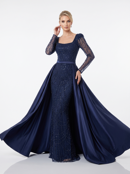Langes Schwarzes Abendkleid mit Eckigem Ausschnitt und Transparenten Ärmeln E352