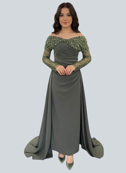 Schulterfreies Kleid mit Perlenbestickung - E270