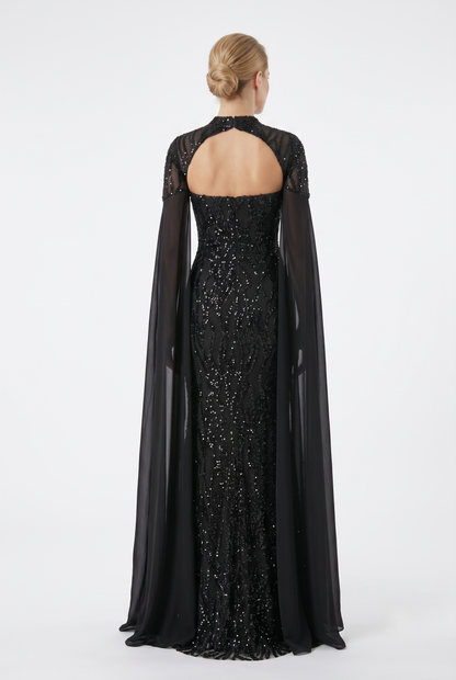 Pailletten-Abendkleid mit Chiffon-Cape e392