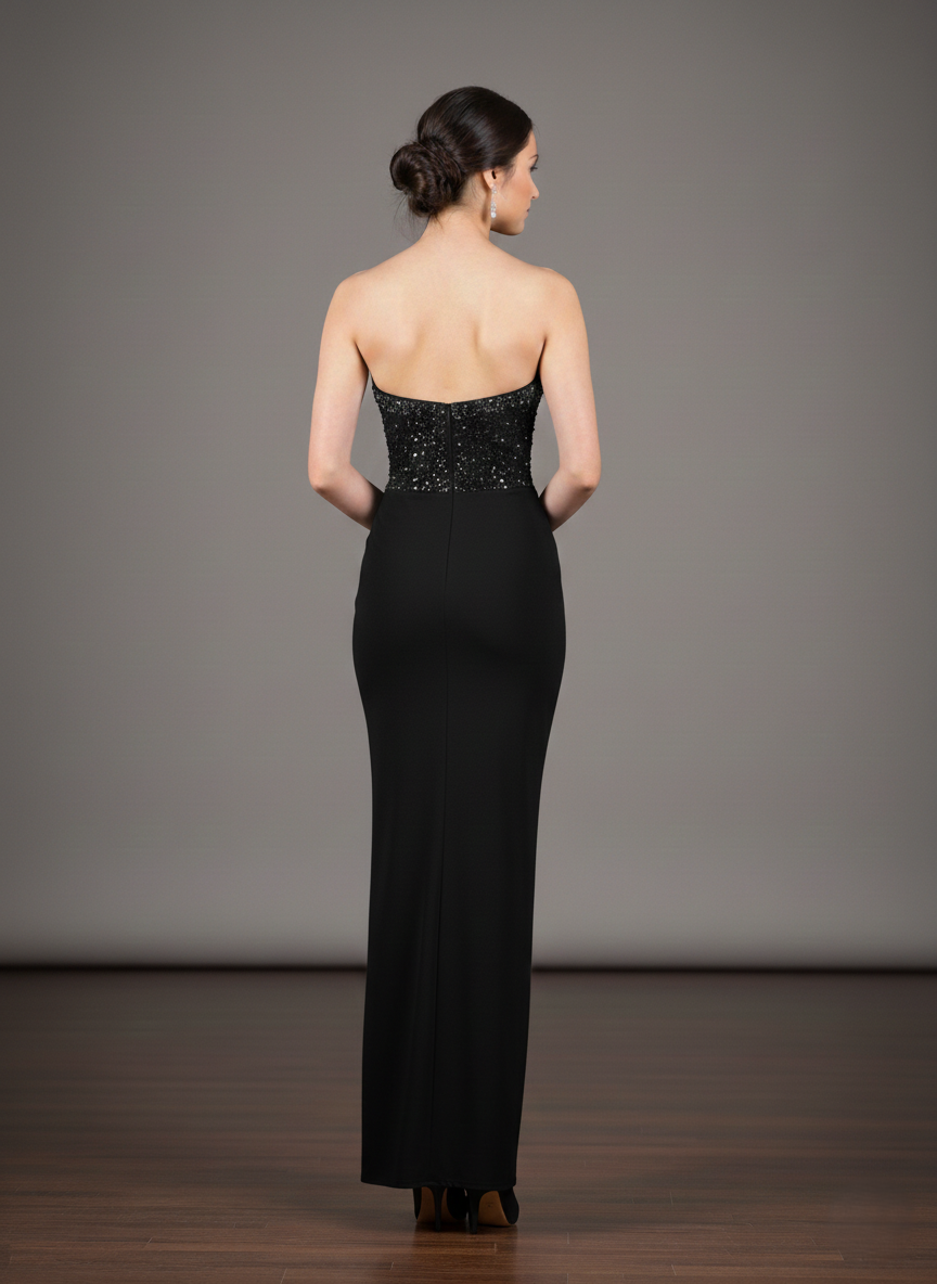 Langes trägerloses Abendkleid mit Ziersteinen und Schlitz E364