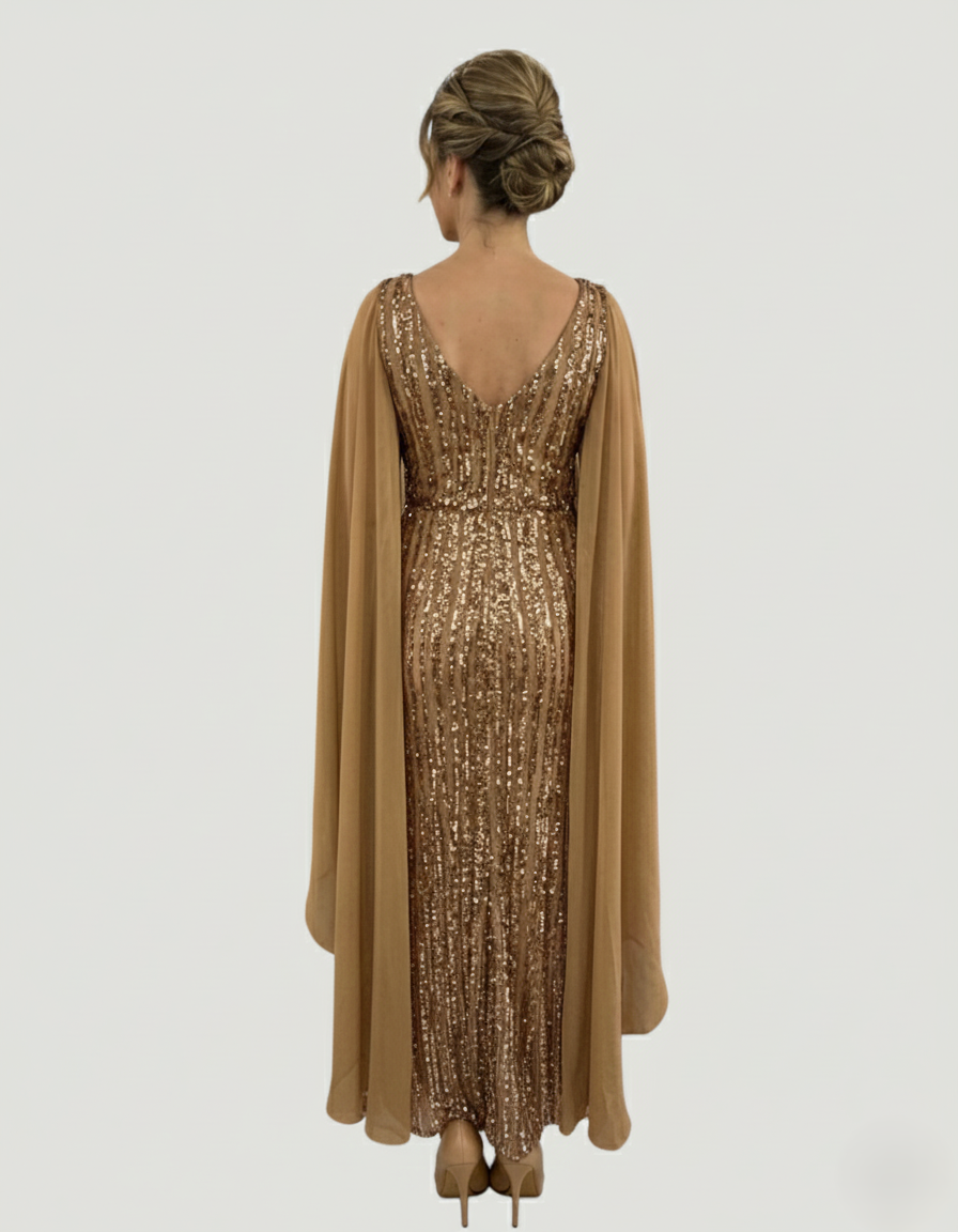 Langes Pailletten-Abendkleid mit Cape-Ärmeln&nbsp - E288