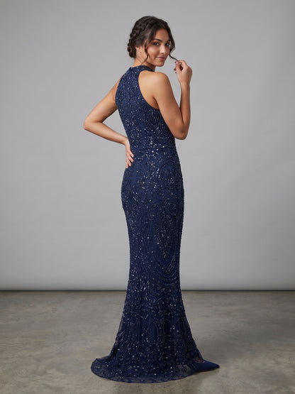 Ärmelloses Spitzenabendkleid mit Stehkragen e379
