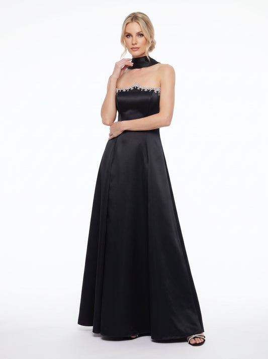 Elegantes trägerloses Saten-Abendkleid mit Strassbesatz und Choker in Schokoladenbraun e423