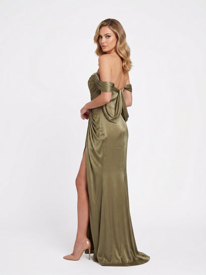 Schulterfreies Chiffon-Abendkleid mit Strassverzierung in Champagner Beschreibung: e417