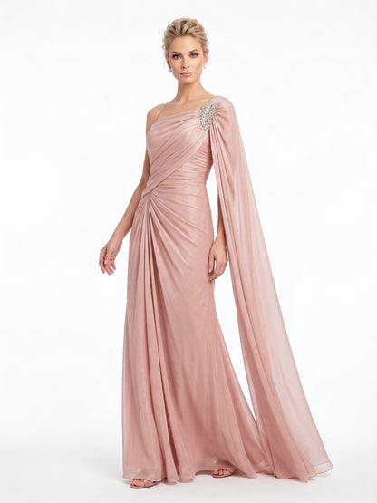 Asymmetrisches Abendkleid mit Schulter-Drapierung und Schmuckstein in Altrosa Beschreibung: e421