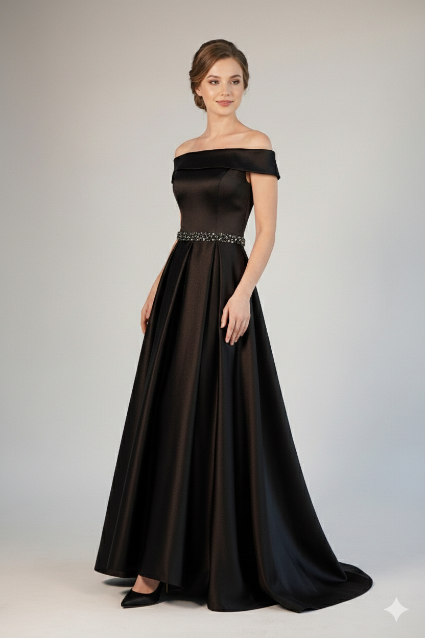 Langes Satin-Abendkleid mit Bootsausschnitt und Strassgürte E351