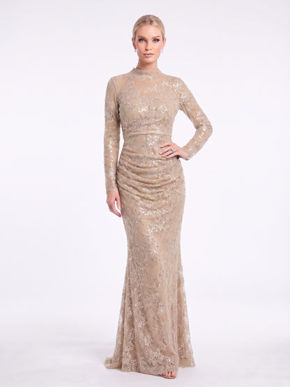 Langärmliges Spitzen-Abendkleid mit Raffung in Schokobraun Beschreibung: e405