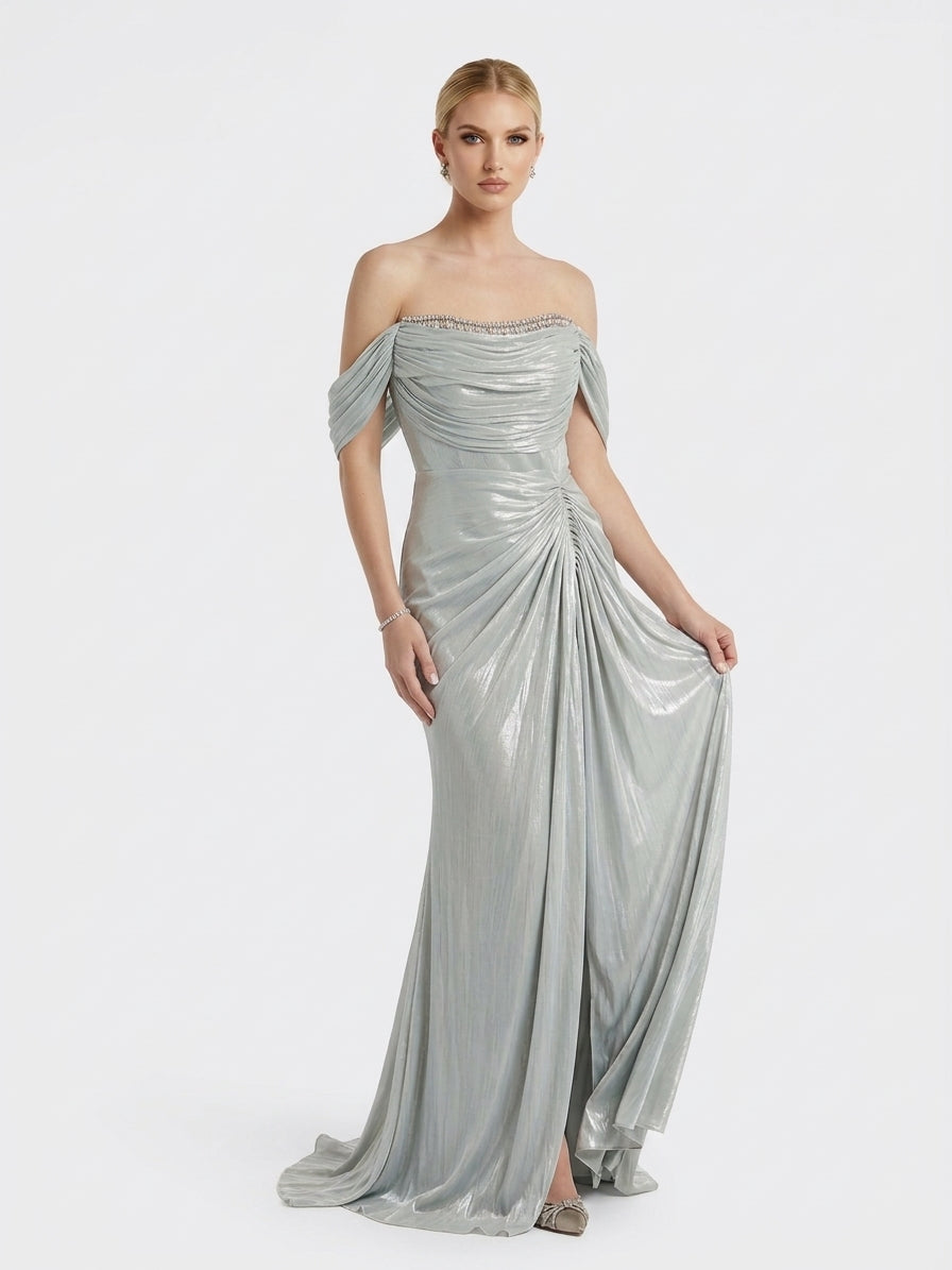 Schulterfreies Chiffon-Abendkleid mit Strassverzierung in Champagner Beschreibung: e417