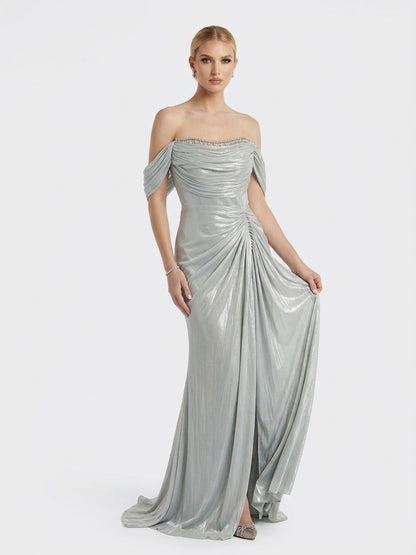 Schulterfreies Chiffon-Abendkleid mit Strassverzierung in Champagner Beschreibung: e417