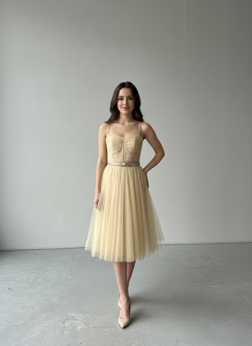 Dieses Kleid kombiniert ein strukturiertes Korsett-Oberteil mit einem voluminösen Tüllrock E400