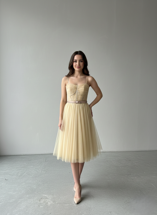 Dieses Kleid kombiniert ein strukturiertes Korsett-Oberteil mit einem voluminösen Tüllrock E400