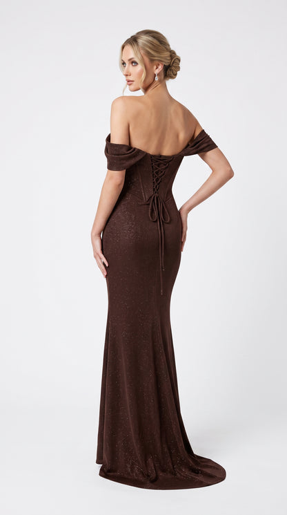 Schulterfreies Korsett-Abendkleid mit Drapierung in Roségold Beschreibung: e408