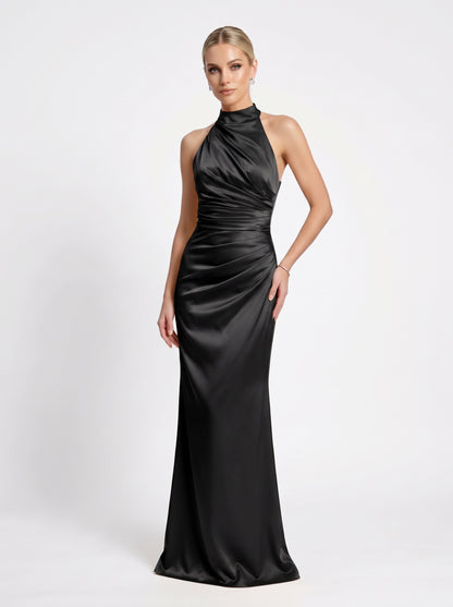 Halter-neck style attached floor-length caElegantes Neckholder-Abendkleid aus Satin mit Drapierung in Marineblau Beschreibung e e426