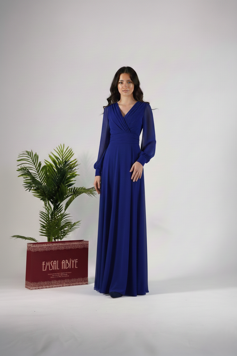 Chiffon-Abendkleid mit V-Ausschnitt und langen Ärmeln E348