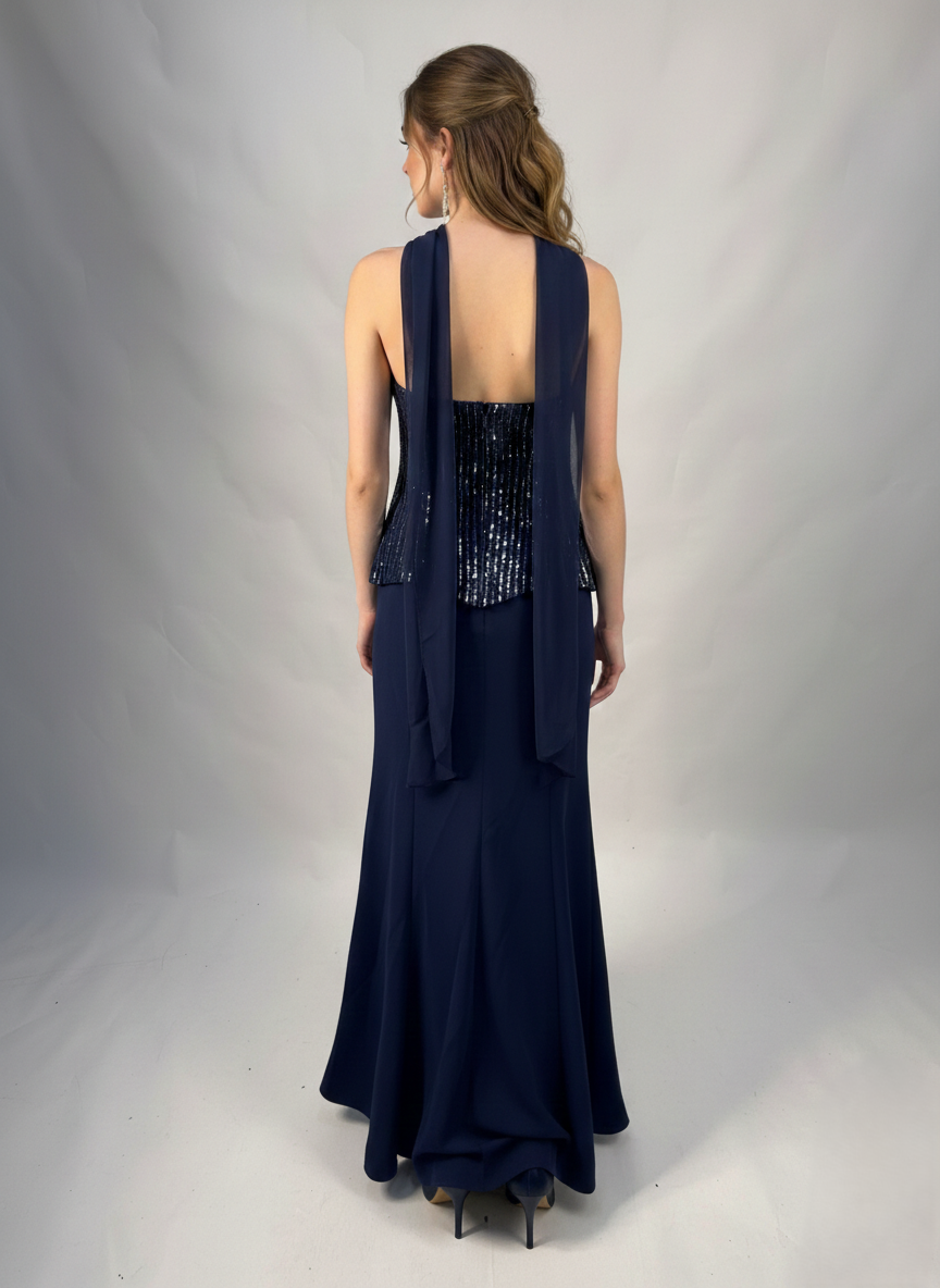 Langes Abendkleid mit Pailletten und Choker E371