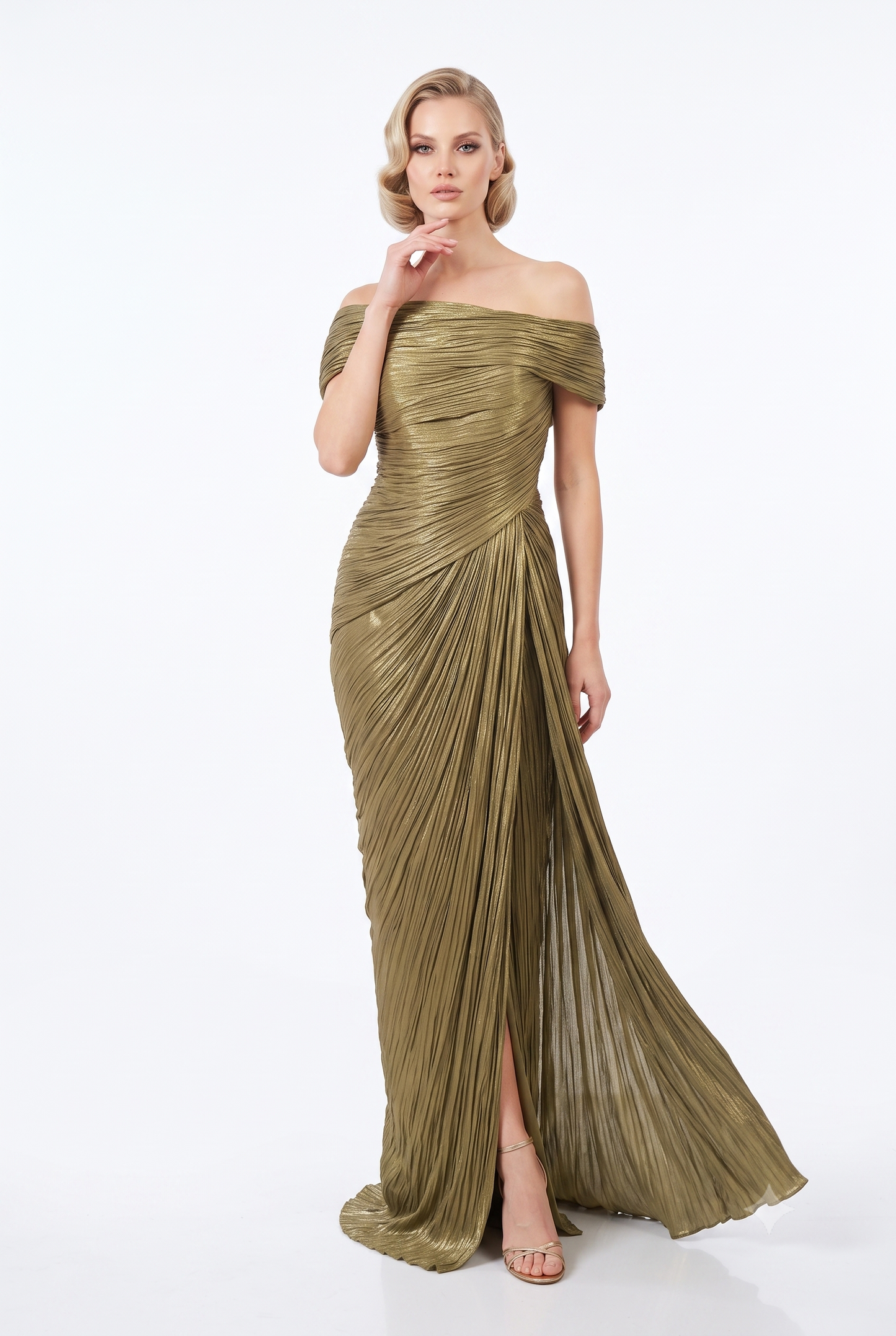 Elegantes schulterfreies Plissee-Abendkleid in Metallic-Olivgold Beschreibung: e389
