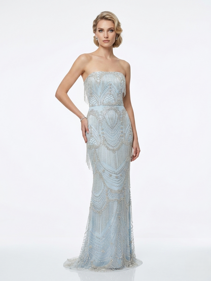 Elegantes trägerloses Abendkleid mit Perlenverzierung e396