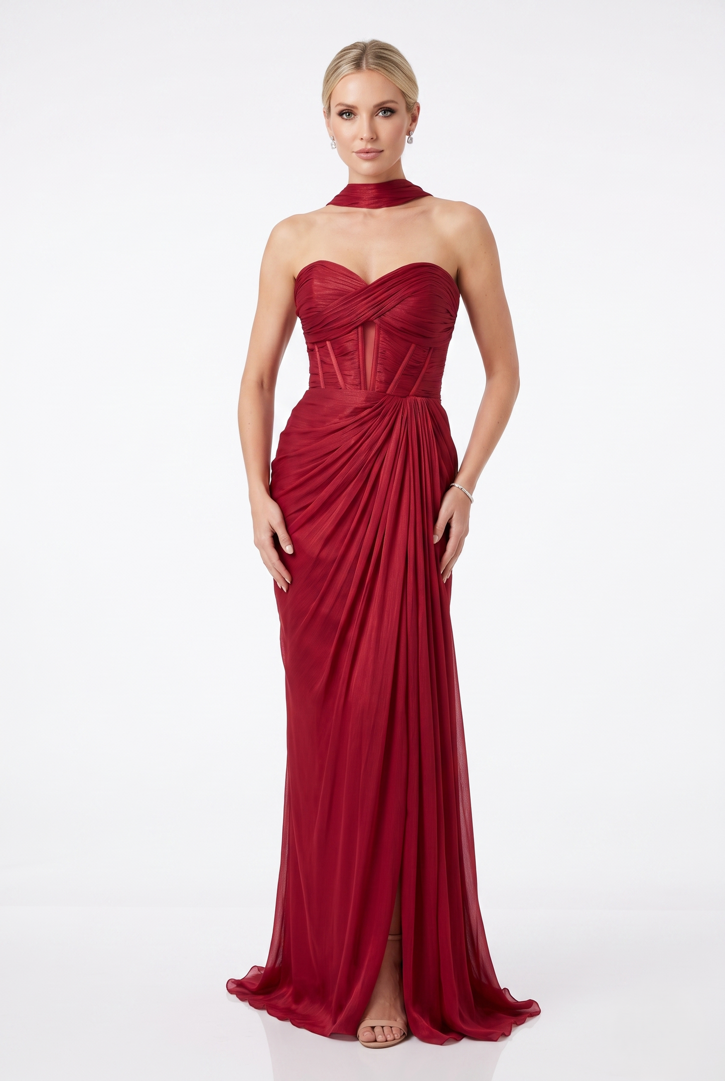 Drapiertes Corsagen-Abendkleid mit hohem Schlitz e394