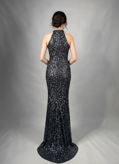 Langes Pailletten-Abendkleid mit Schlitz&nbsp; E343