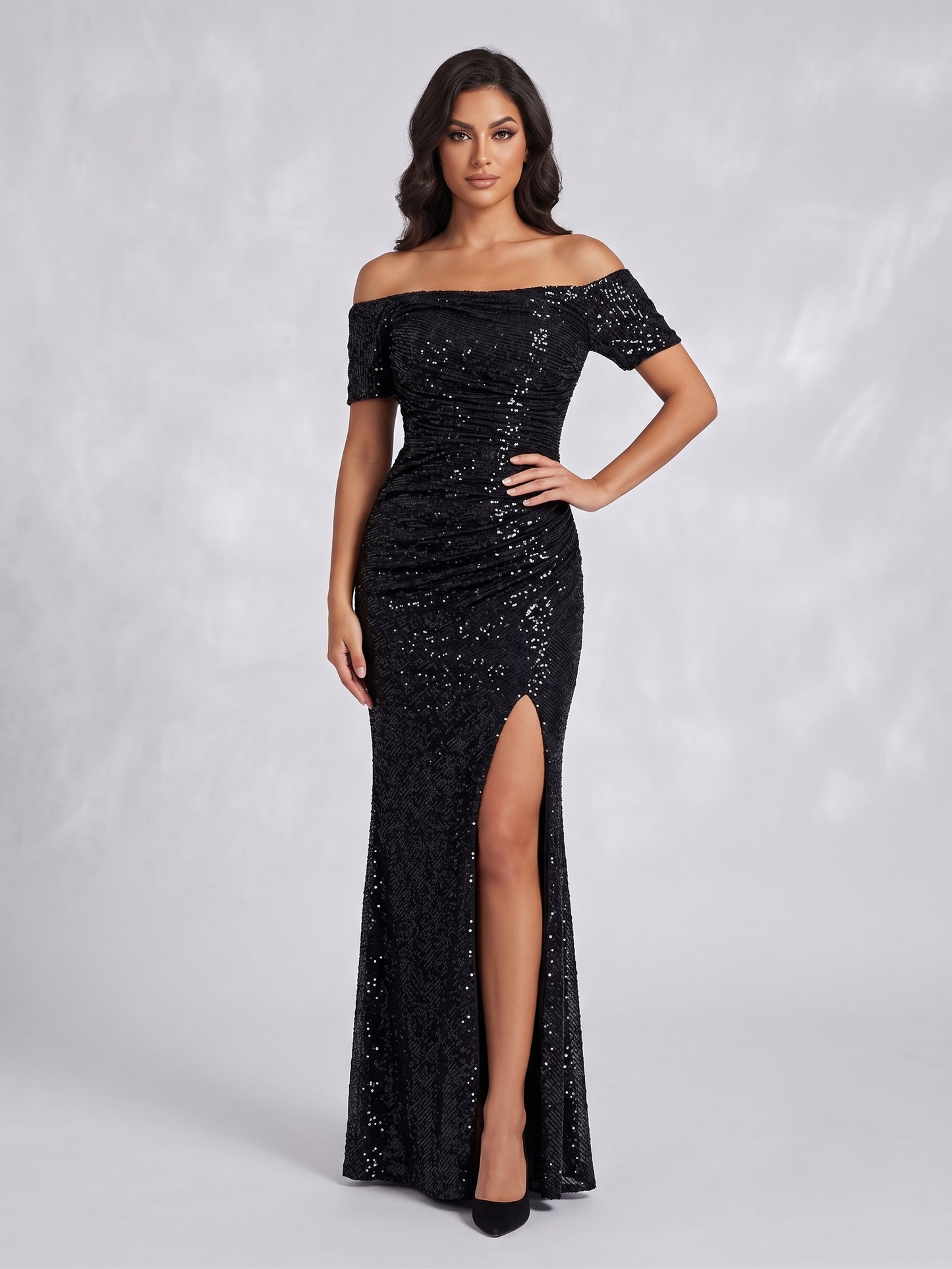 Langes Glänzendes Abendkleid mit Schlitz E354