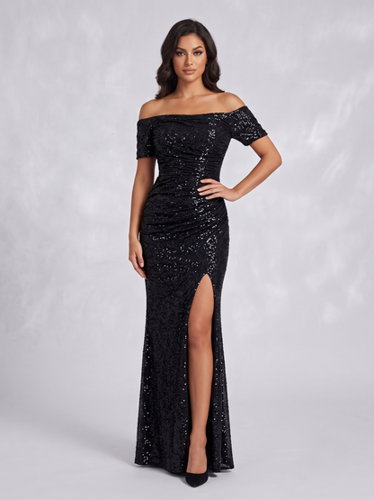 Langes Glänzendes Abendkleid mit Schlitz E354