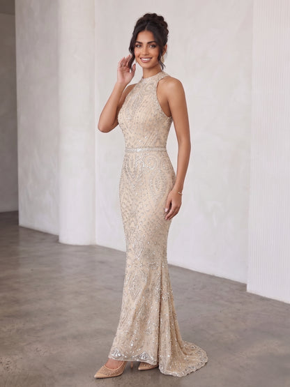 Ärmelloses Spitzenabendkleid mit Stehkragen e379