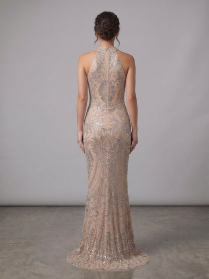 Ärmelloses Spitzenabendkleid mit Stehkragen e379