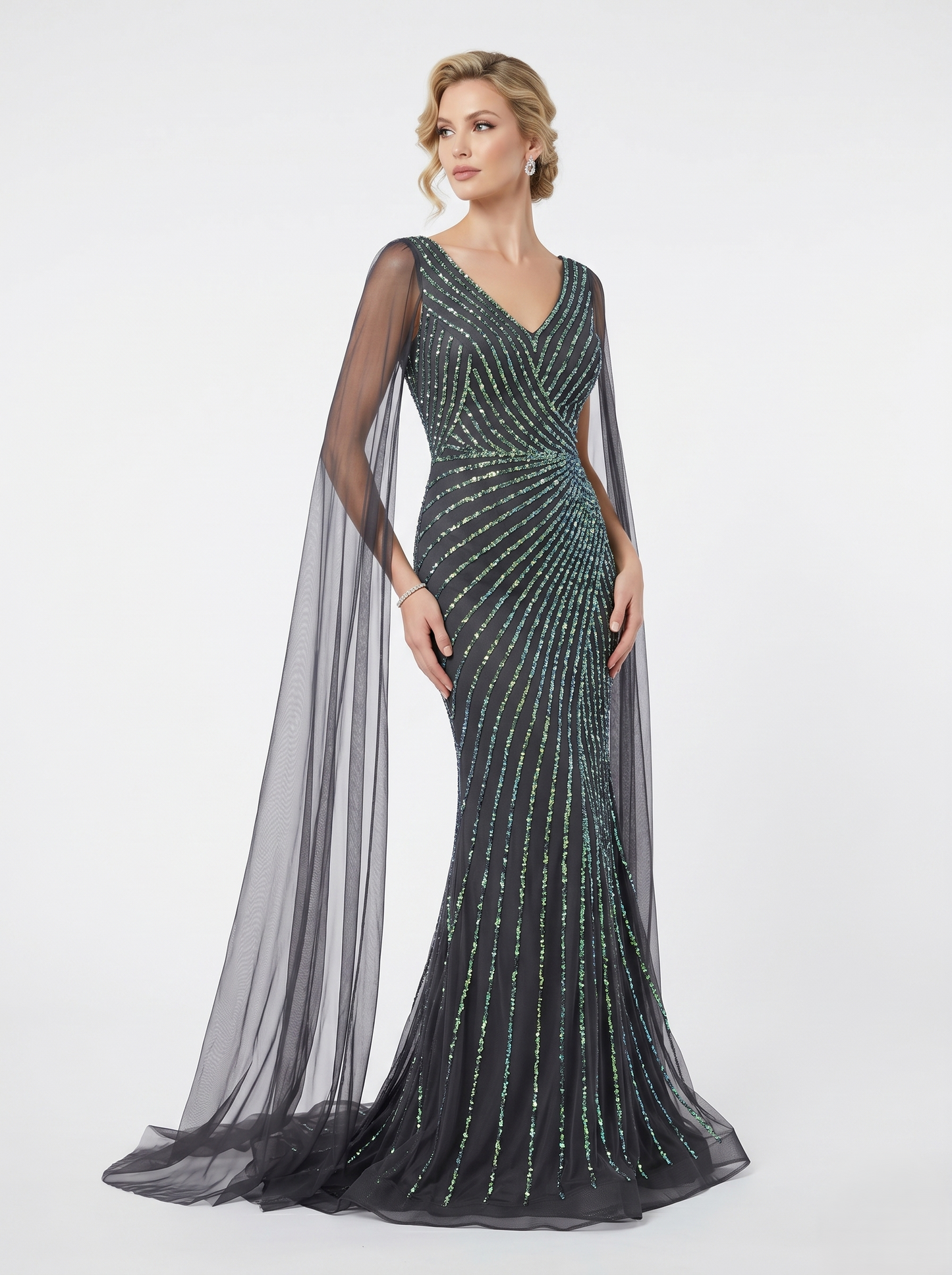 Pailletten-Abendkleid mit Cape-Ärmeln E307