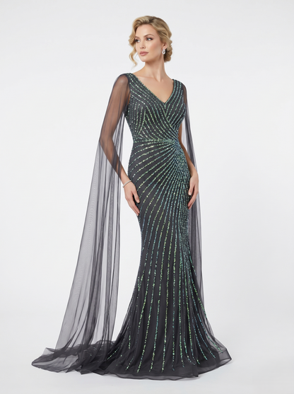 Pailletten-Abendkleid mit Cape-Ärmeln E307