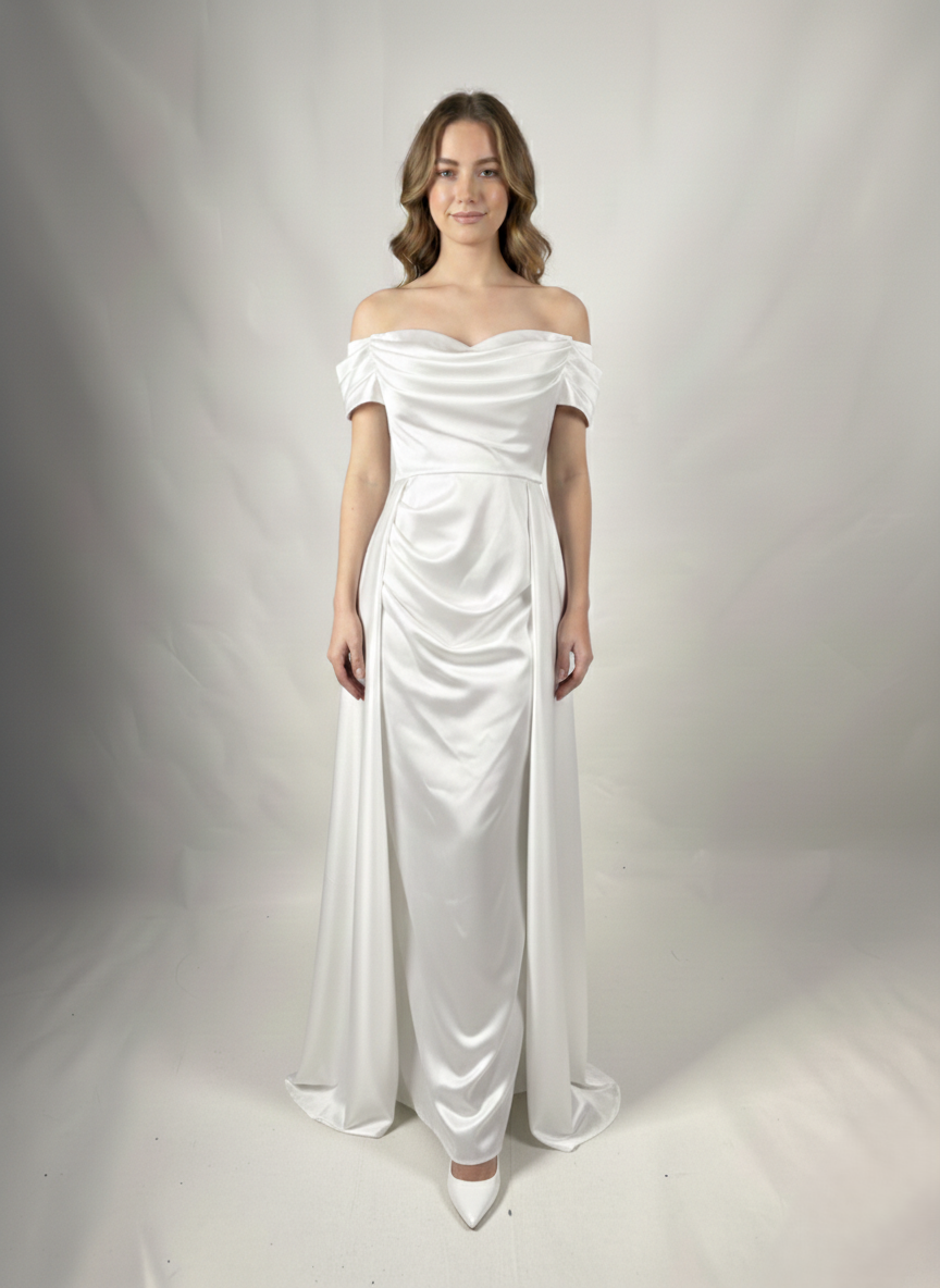 Langes Abendkleid mit U-Boot-Ausschnitt und Drapierung E370