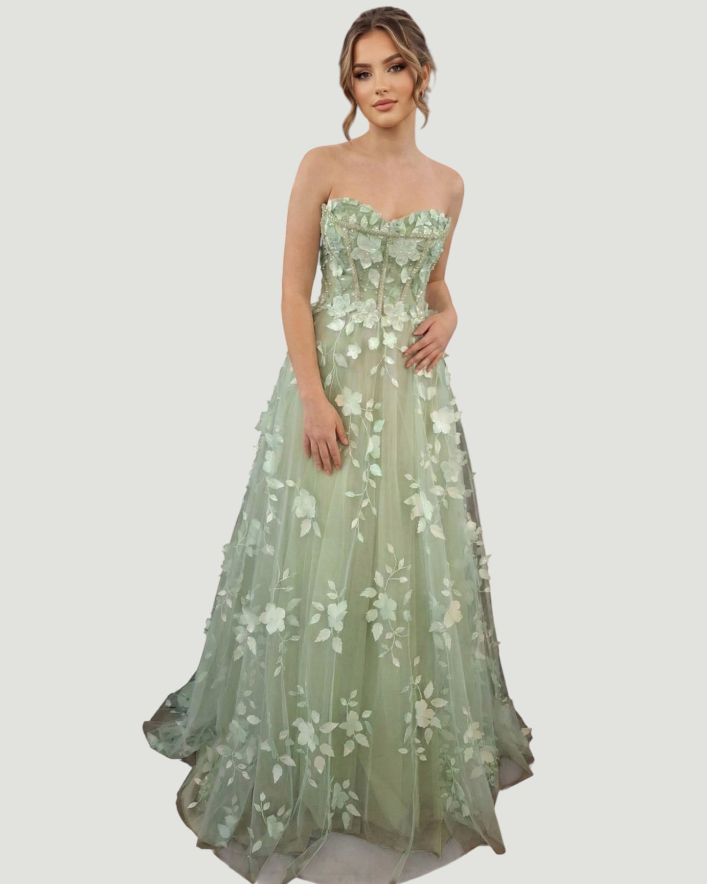 Trägerloses Tüll-Abendkleid mit 3D-Blüten - E304