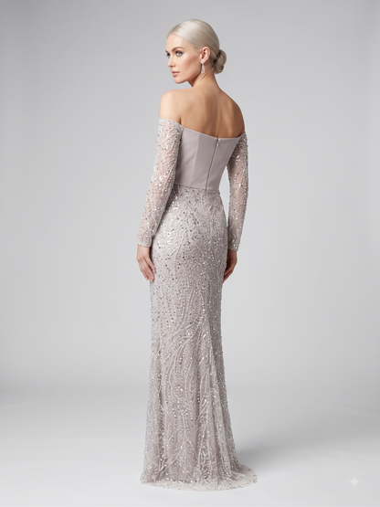 Elegantes Off-Shoulder Abendkleid mit Korsett und Pailletten Beschreibung: e400