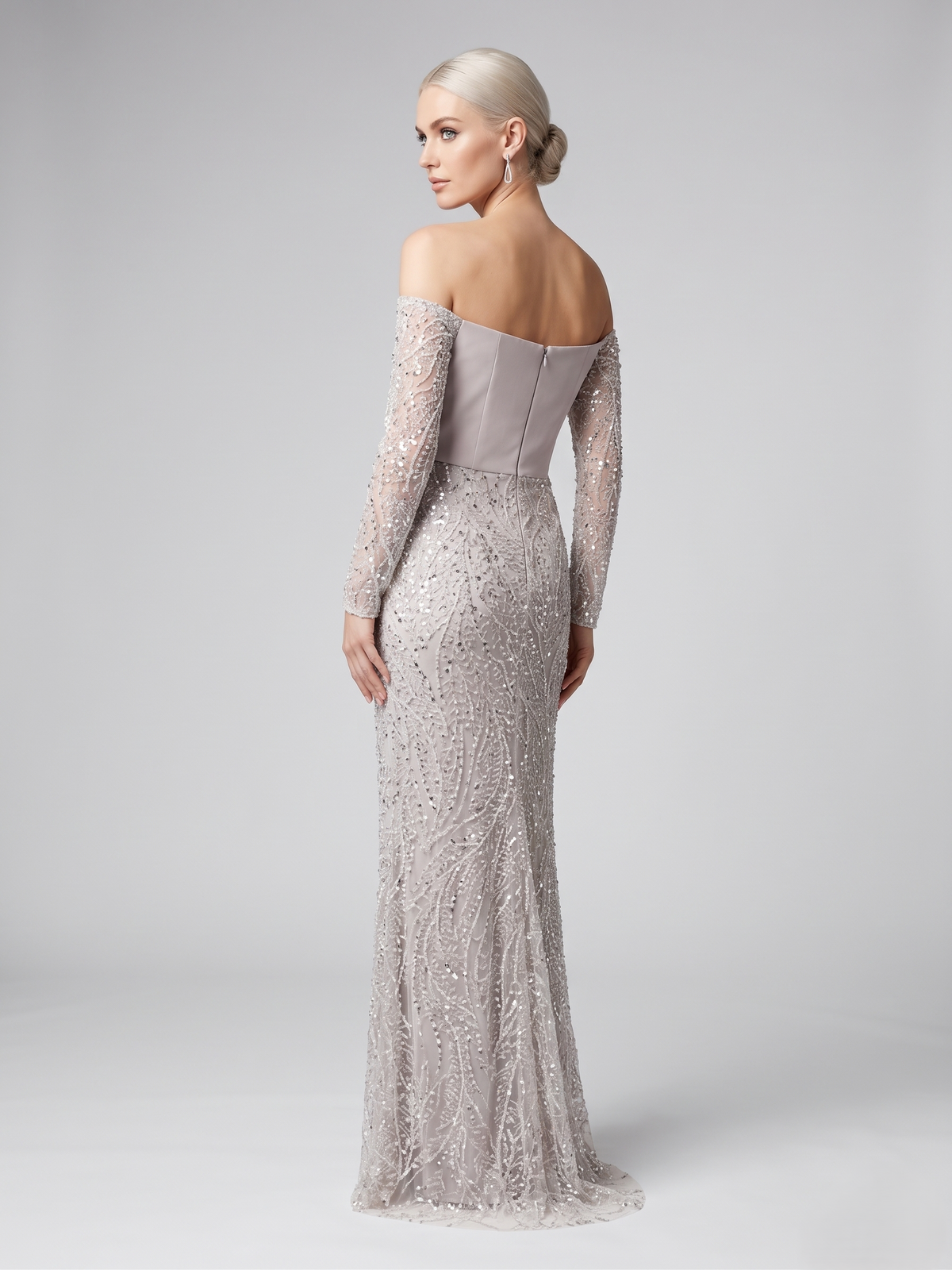 Elegantes Off-Shoulder Abendkleid mit Korsett und Pailletten Beschreibung: e400
