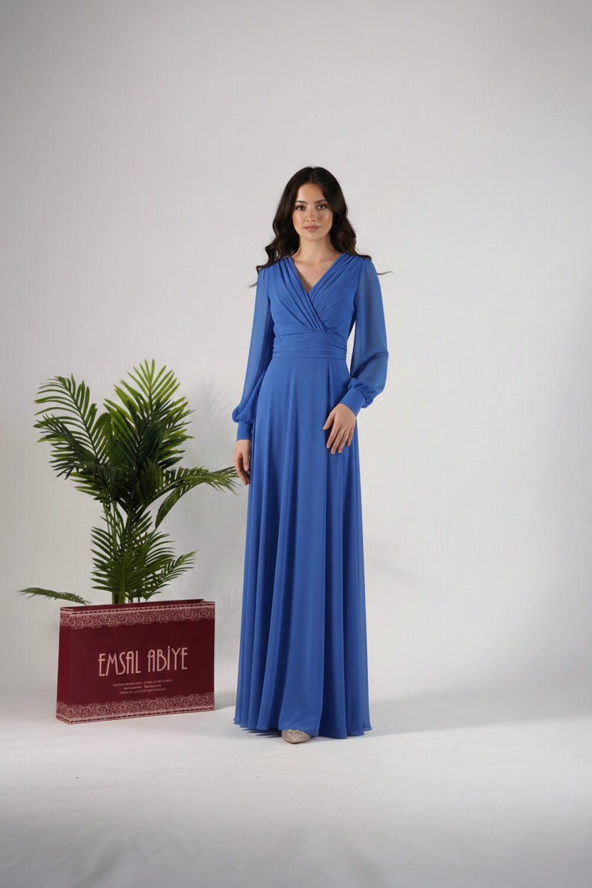 Chiffon-Abendkleid mit V-Ausschnitt und langen Ärmeln E348