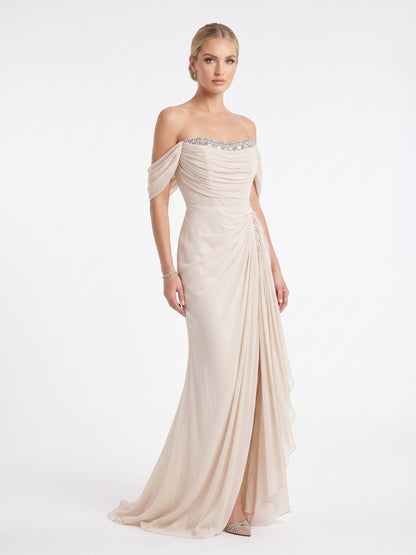 Schulterfreies Chiffon-Abendkleid mit Strassverzierung in Champagner Beschreibung: e417