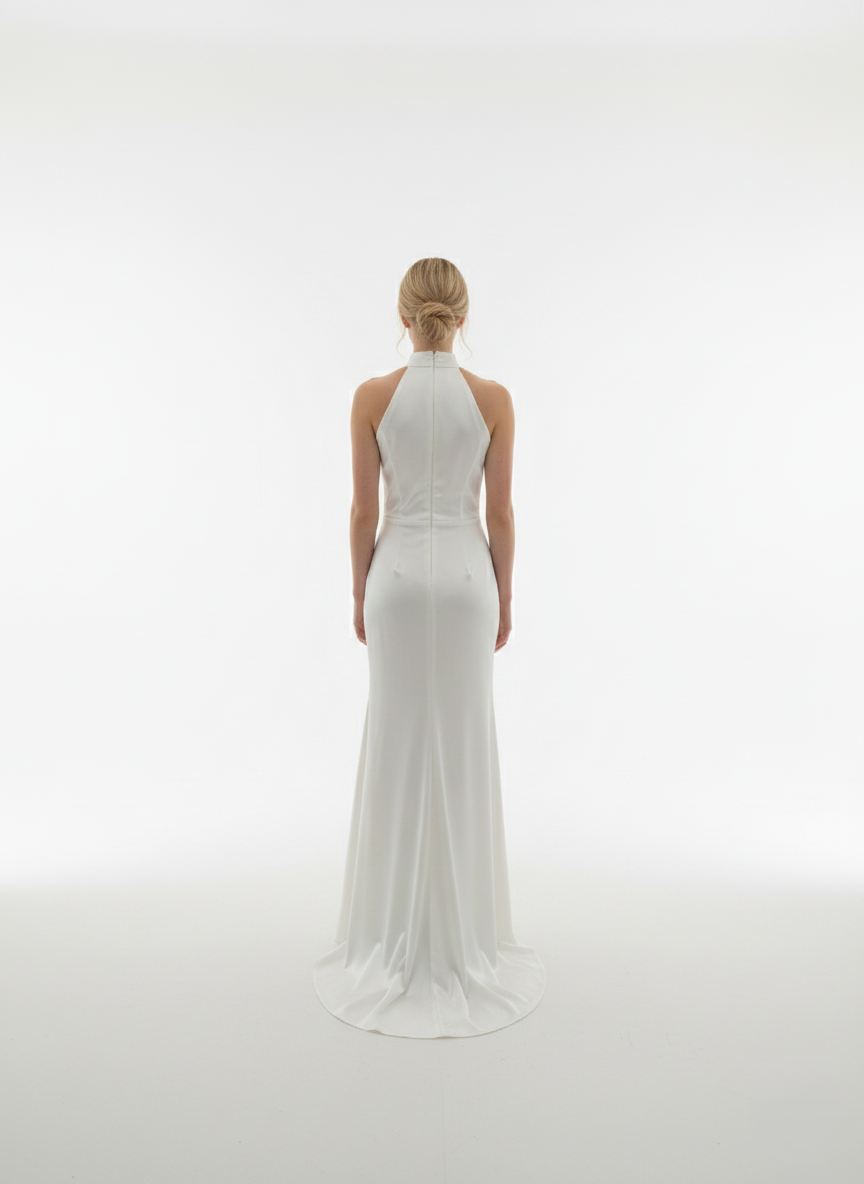 Halter-neck style attached floor-length caElegantes Neckholder-Abendkleid aus Satin mit Drapierung in Marineblau Beschreibung e e426