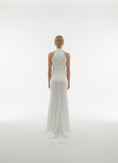 Halter-neck style attached floor-length caElegantes Neckholder-Abendkleid aus Satin mit Drapierung in Marineblau Beschreibung e e426