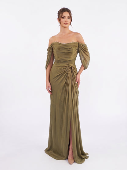 Schulterfreies Chiffon-Abendkleid mit Strassverzierung in Champagner Beschreibung: e417