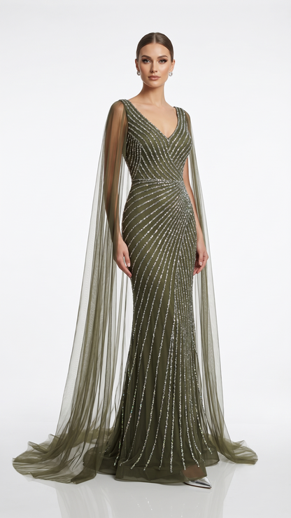 Pailletten-Abendkleid mit Cape-Ärmeln E307