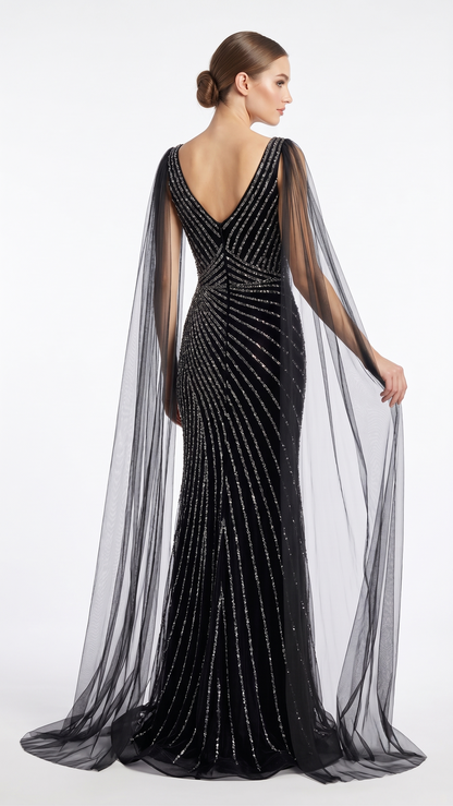 Pailletten-Abendkleid mit Cape-Ärmeln E307