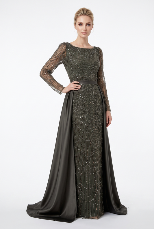 Langes Schwarzes Abendkleid mit Eckigem Ausschnitt und Transparenten Ärmeln E352