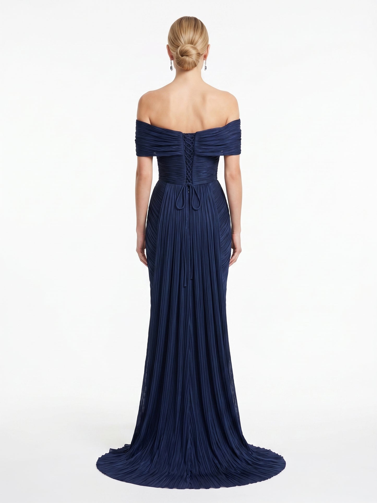 Elegantes schulterfreies Plissee-Abendkleid in Metallic-Olivgold Beschreibung: e389