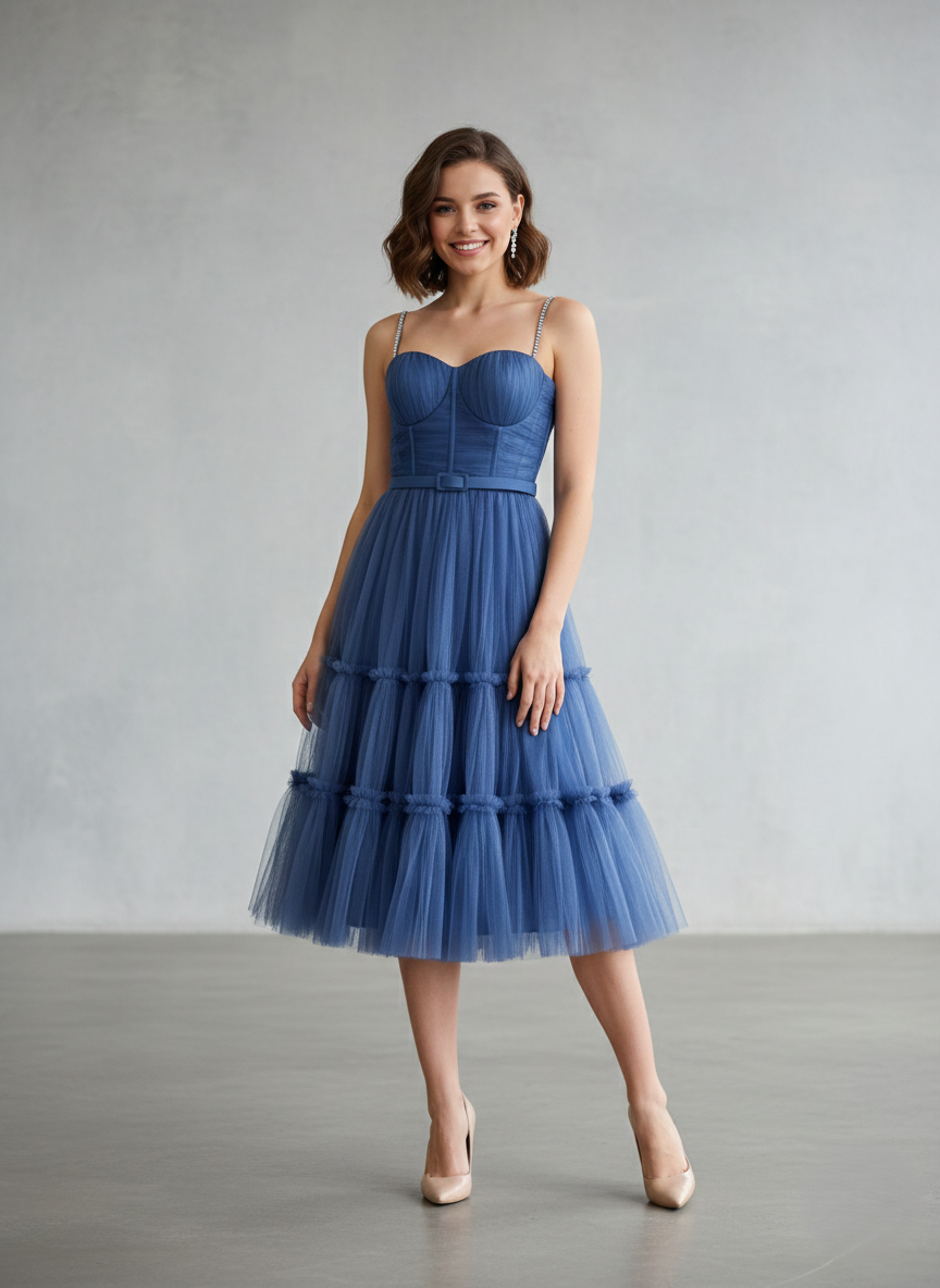 Dieses Kleid kombiniert ein strukturiertes Korsett-Oberteil mit einem voluminösen Tüllrock E400