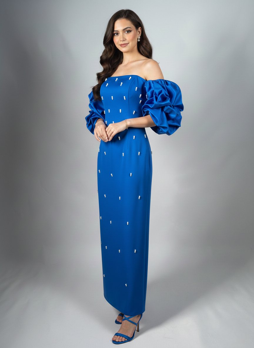 Schulterfreies Langes Abendkleid mit Puffärmeln E340