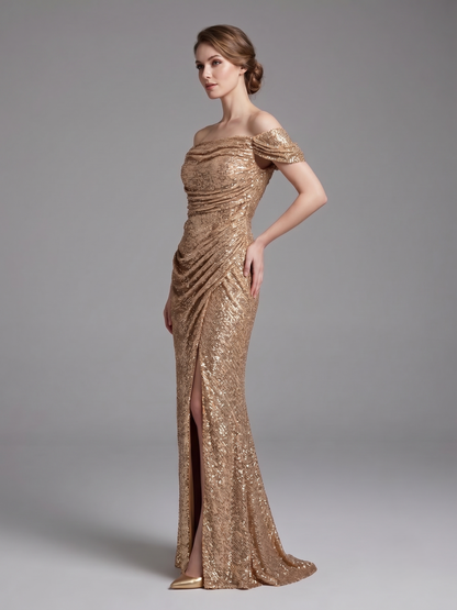 Langes Glänzendes Abendkleid mit Schlitz E354