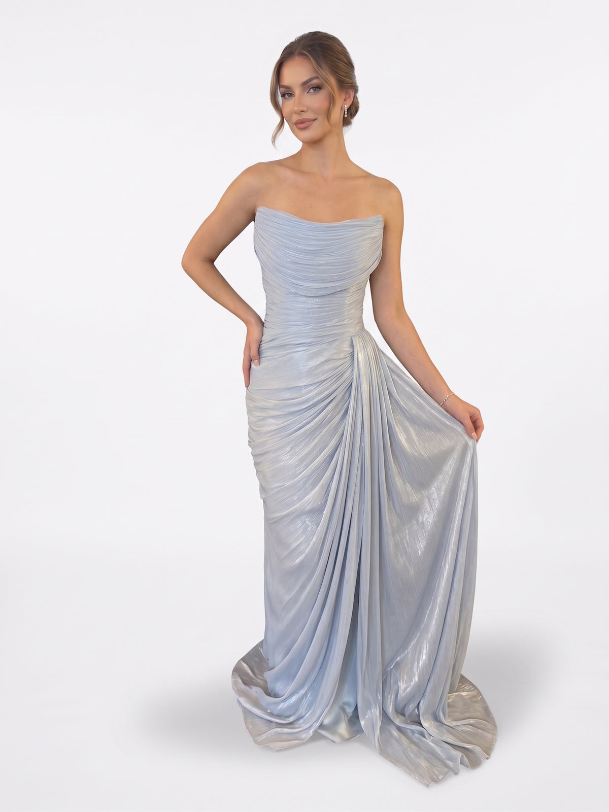 Elegantes trägerloses Abendkleid in schimmerndem Rosé Beschreibung: e412