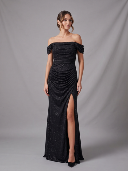 Langes Abendkleid mit Drapierung, Carmen-Ausschnitt und Schlitz E363